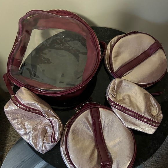 Handbags - Transparent PVC Shine Pink/Burgundy Glitter 5 Piece Toiletry Bag Pouch Set
